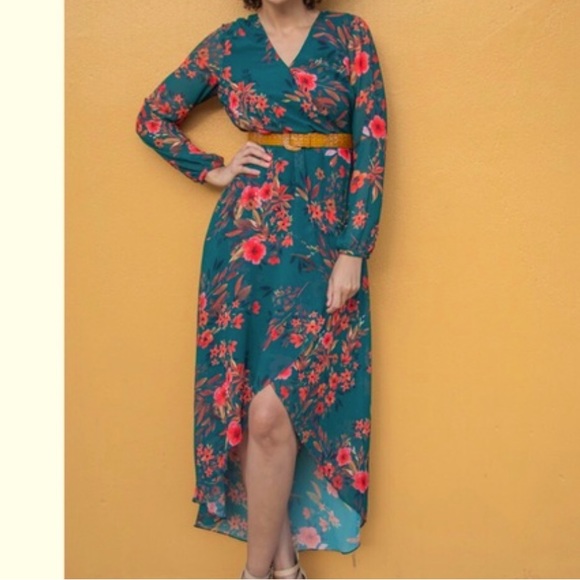 LTS Hunter Green Floral Wrap Dress - Picture 1 of 6